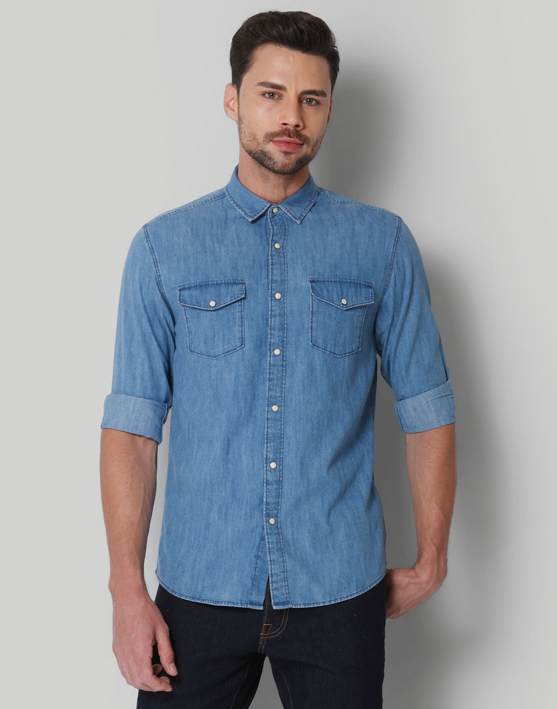 Buy Men Light Blue Denim Shirt online 