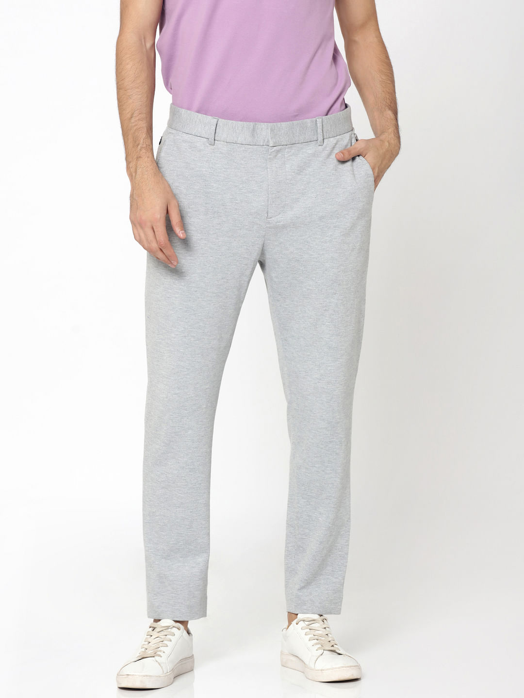 grey cropped trousers