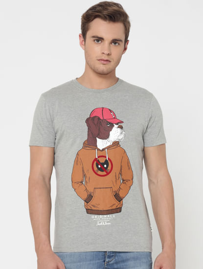 Grey Dog Print Crew Neck T-Shirt