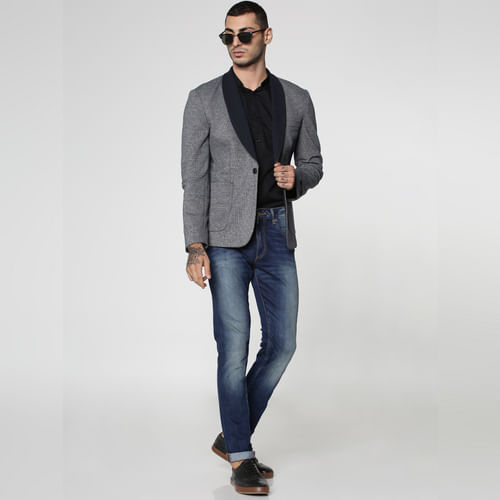 JACK&JONES Blue Dobby Knitted Slim Fit Blazer