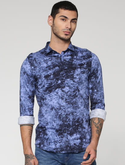 Blue All Over Texture Print Slim Fit Full Sleeves Shirt