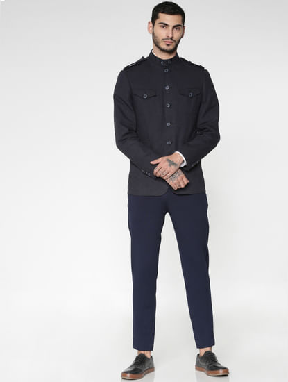 Navy Blue Mandarin Collar Slim Fit Blazer