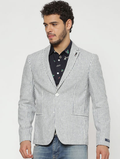 Grey And White Striped Double Button Slim Fit Blazer