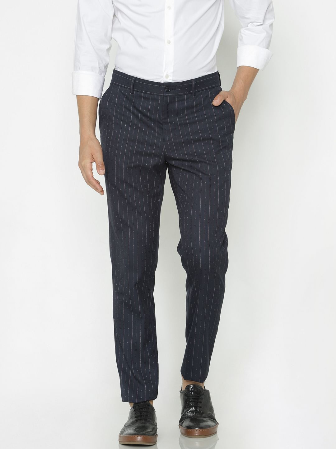 striped navy trousers