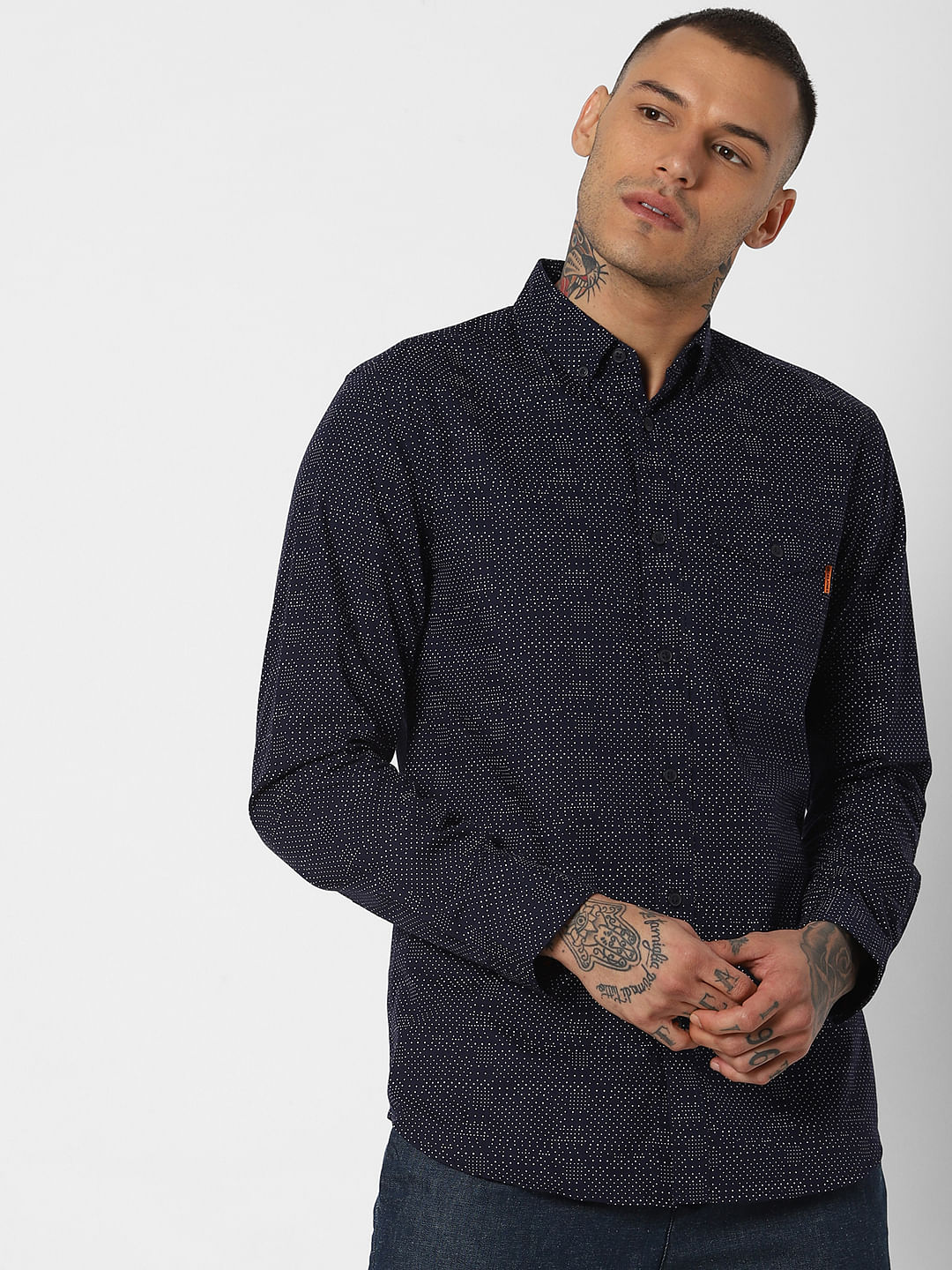 navy blue print shirt