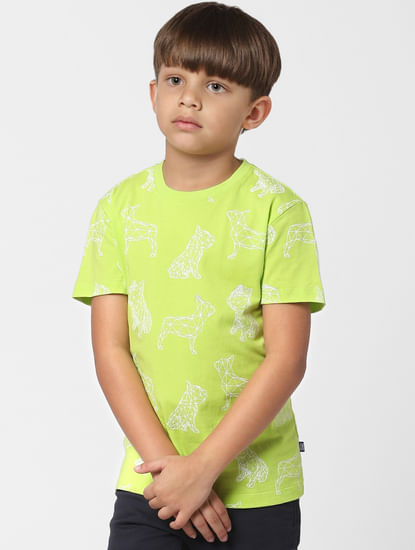 Boys Lime Green Printed Crew Neck T-shirt