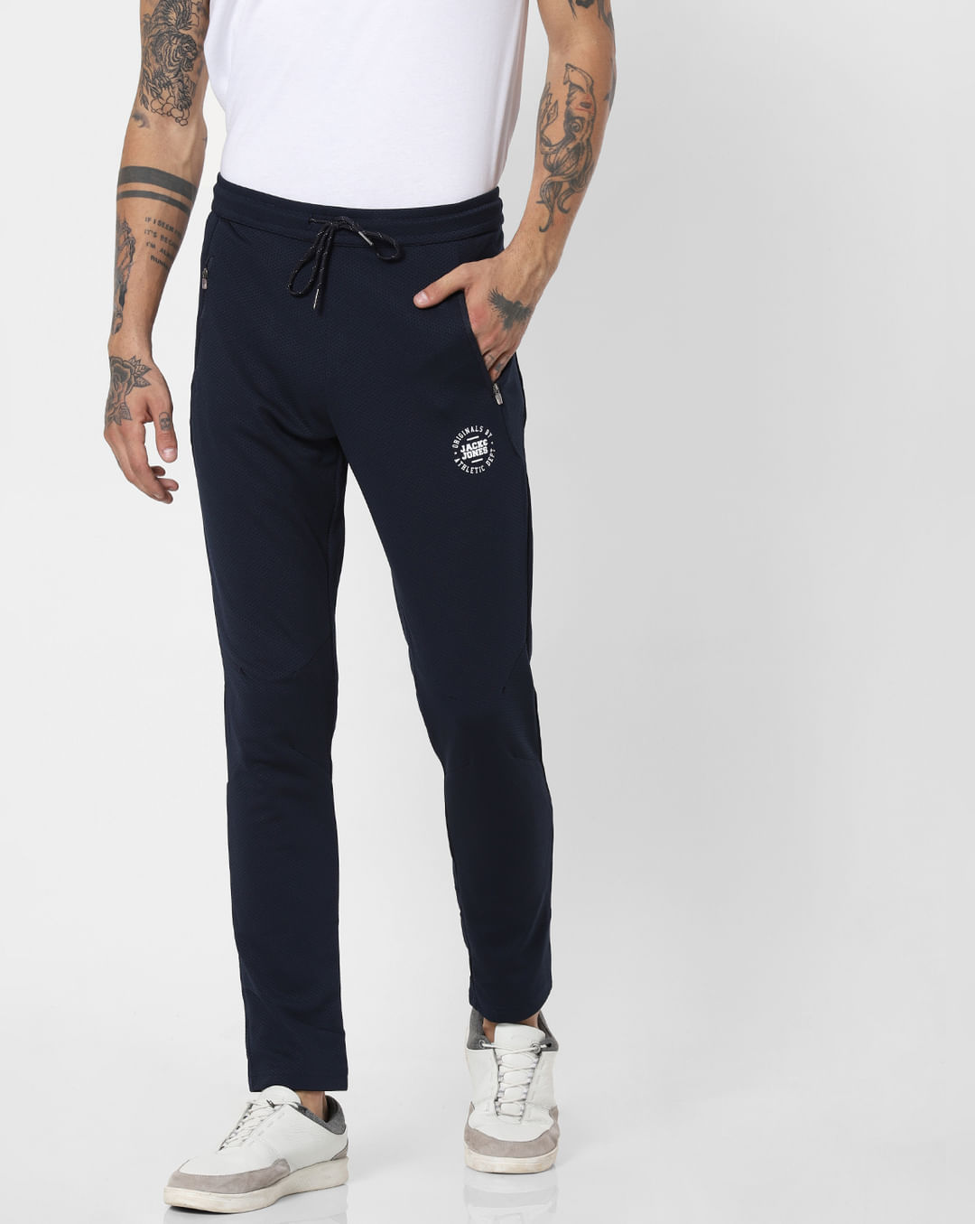 Buy Men Navy Blue Textured Trackpants Online