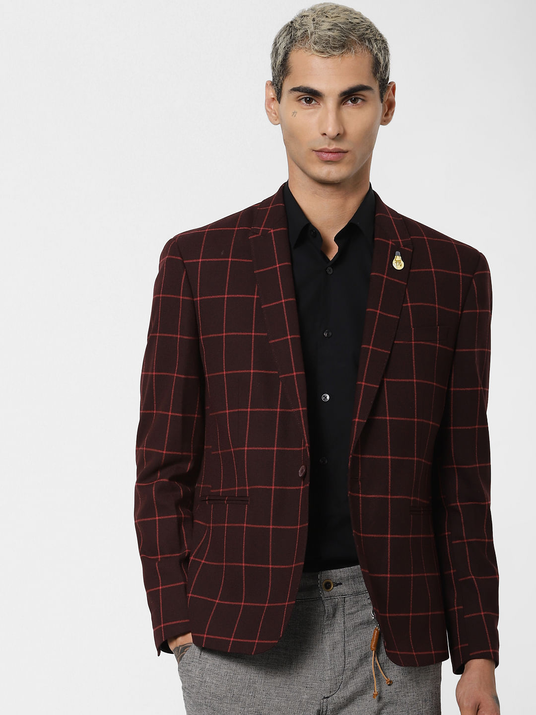 mens burgundy check suit