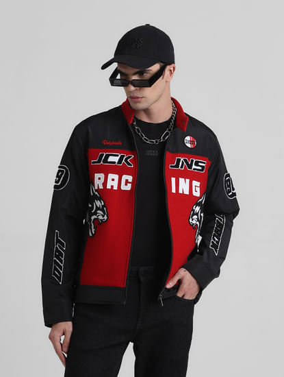 Black Applique Patchwork Racer Jacket