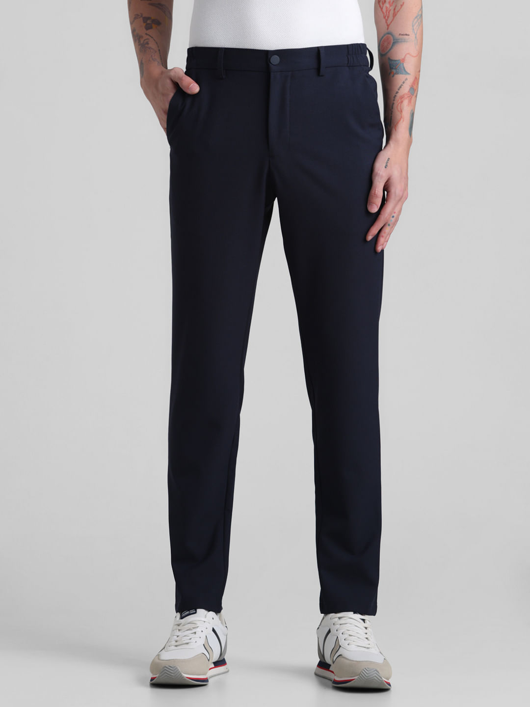 Women's Navy Slouchy Pinstripe Tailored Trousers | Boohoo UK
