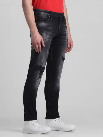 Black Low Rise Distressed Glenn Slim Jeans
