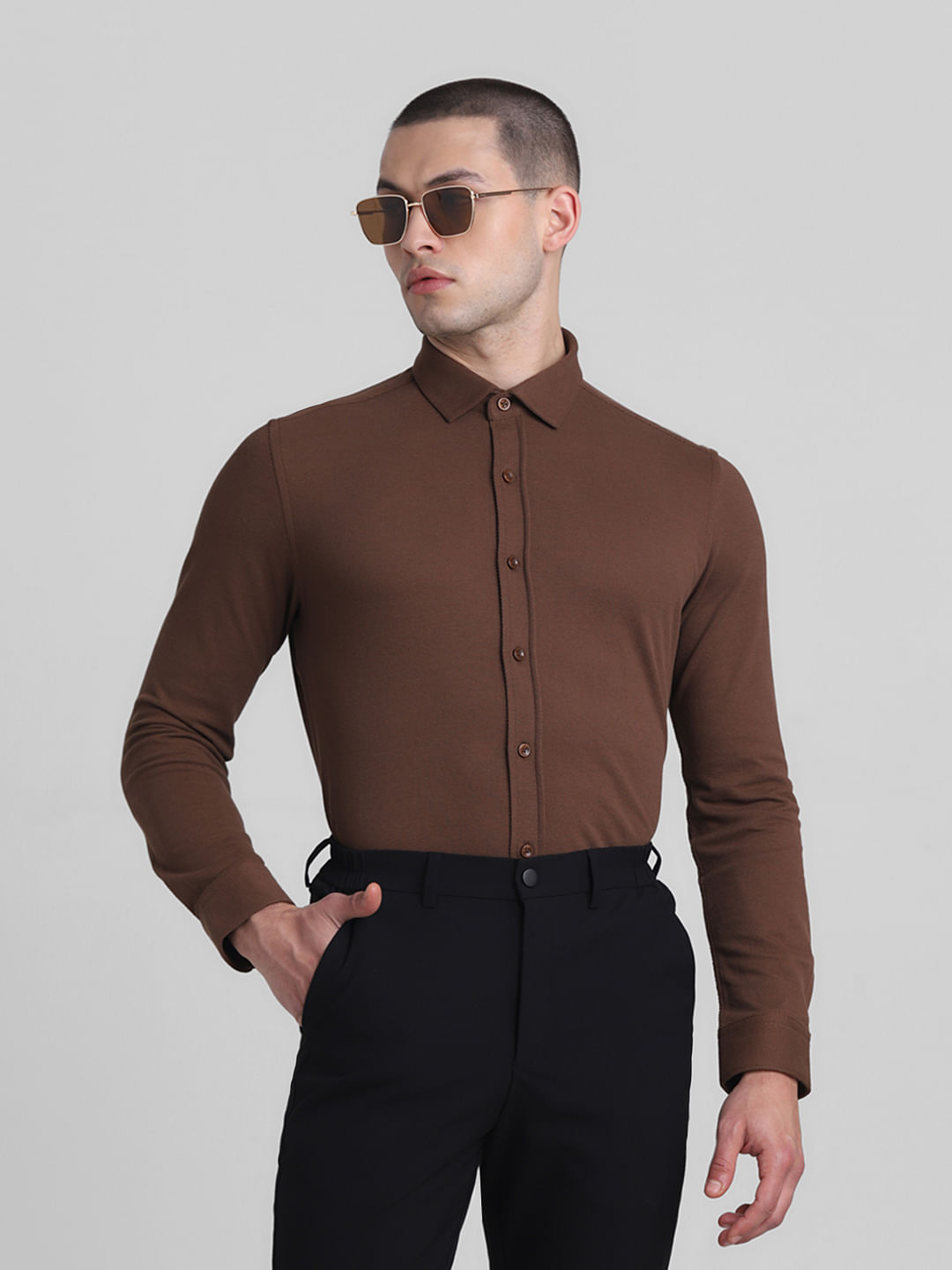 Formal Black Textured Shirt - Salmon