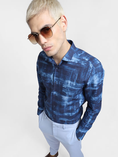 Blue Abstract Print Linen Blend Shirt 
