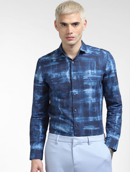 Blue Abstract Print Linen Blend Shirt 