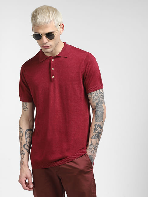 Red Knitted Polo Neck T-shirt