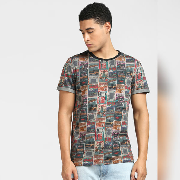 BESTSELLER CLOTHING Grey Retro Garage Printed Crew Neck T-shirt