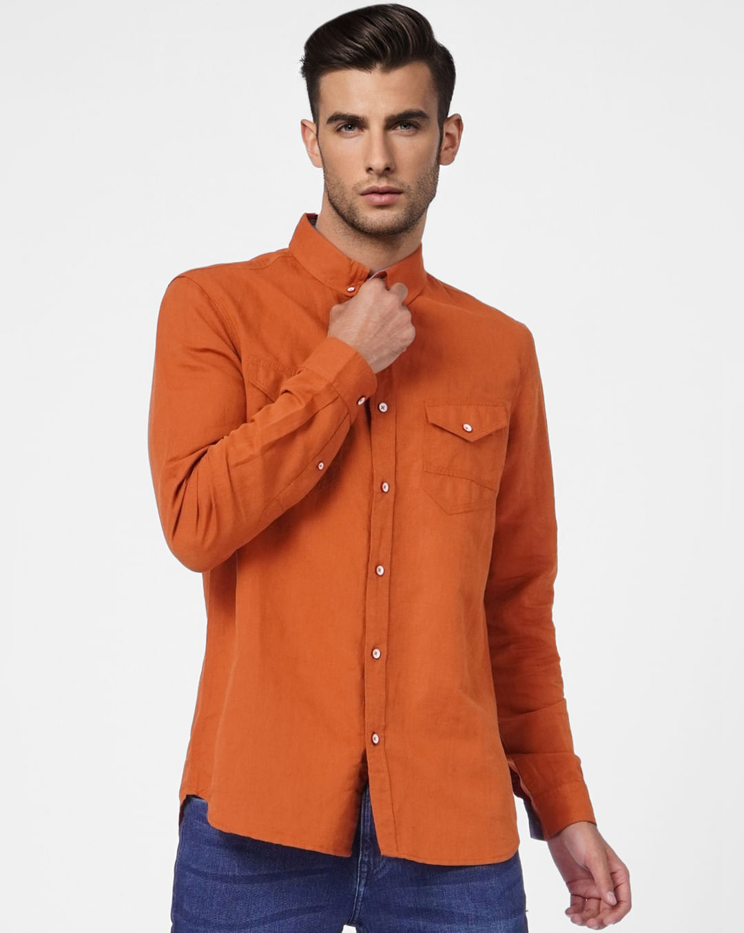 Buy Orange Linen Blend Full Sleeves Shirt for Men