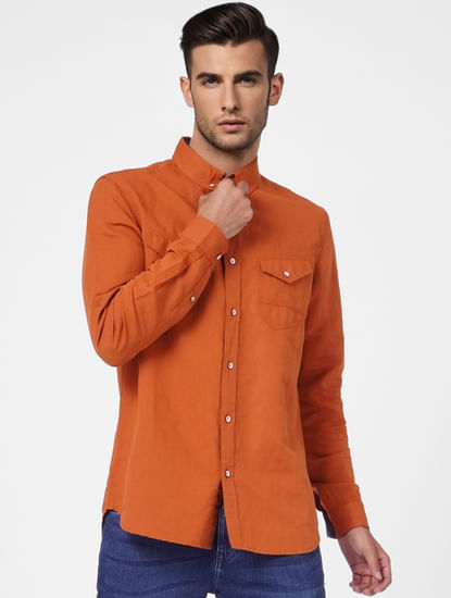 Orange Linen Blend Full Sleeves Shirt