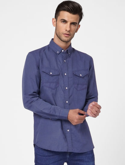 Blue Linen Blend Full Sleeves Shirt