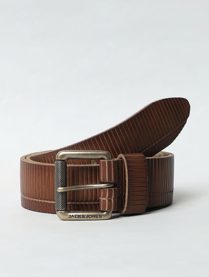 Brown Textured Striped Leather Belt