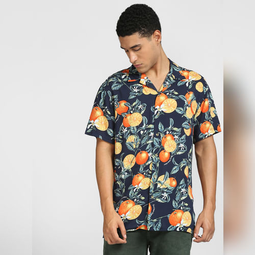 JACK&JONES Blue Printed Half Sleeves Resort Shirt