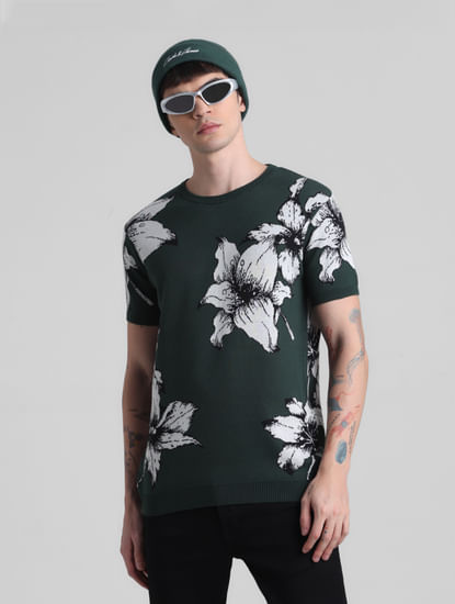 Green Floral Print Knit T-shirt