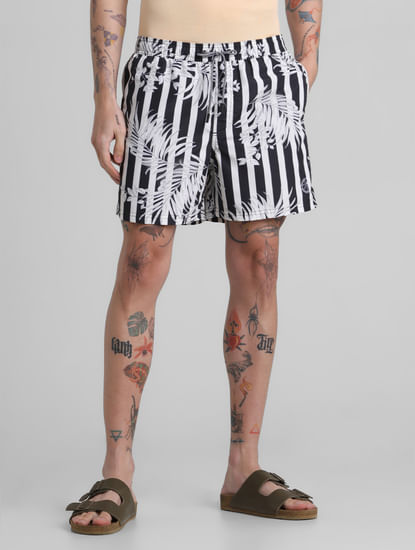 Black Striped Print Swim Shorts