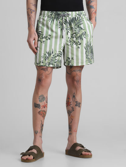 Green Striped Print Swim Shorts
