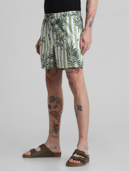 Green Striped Print Swim Shorts