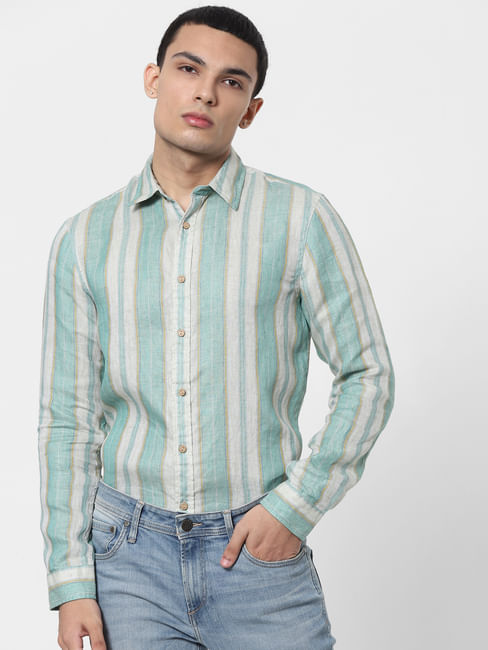 Green Striped Full Sleeves Linen Shirt