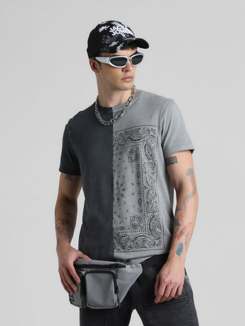 UNMATCHED by JACK&JONES Grey Printed Acid Washed T-shirt