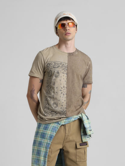 UNMATCHED by JACK&JONES Brown Printed Acid Washed T-shirt