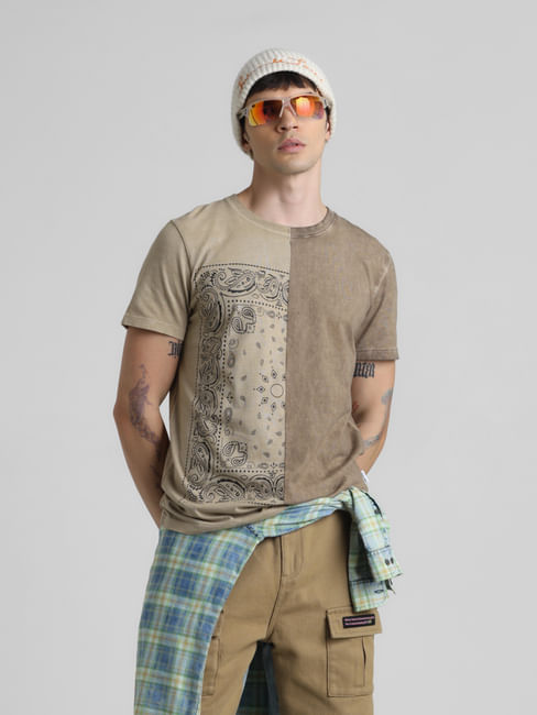 UNMATCHED by JACK&JONES Brown Printed Acid Washed T-shirt