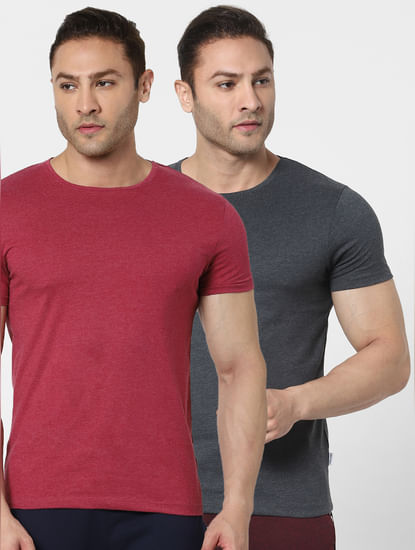 Red & Grey Crew Neck T-shirts - Pack of 2