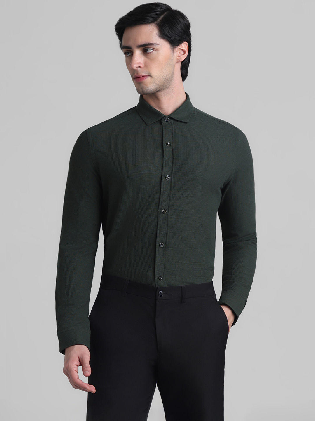 Mens Formal Cotton Spandex 2 Way Stretch Half Sleeves Green Shirt LY3