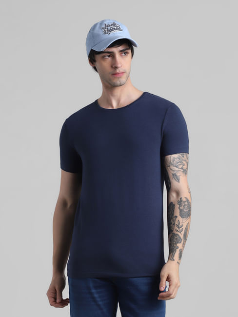 Dark Blue Basic Crew Neck T-shirt