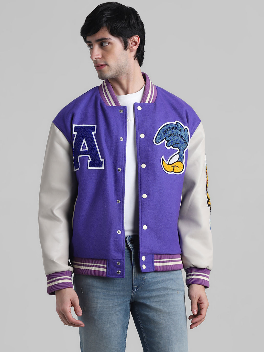 Purple Colourblocked Varsity Bomber Jacket