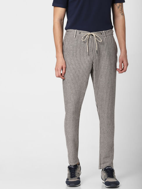 Beige Low Rise Striped Linen Pants