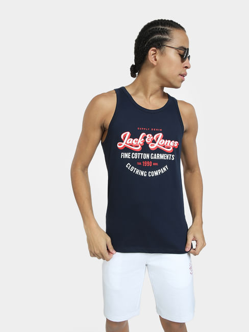 Navy Blue Logo Print T-shirt Vest