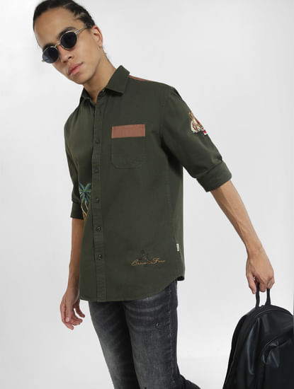 Deep Green Embroidered Full Sleeves Shirt