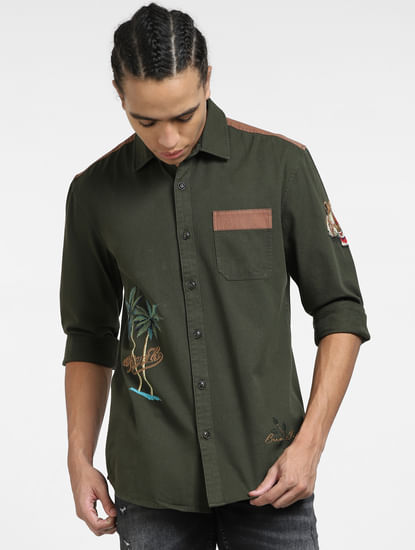 Deep Green Embroidered Full Sleeves Shirt