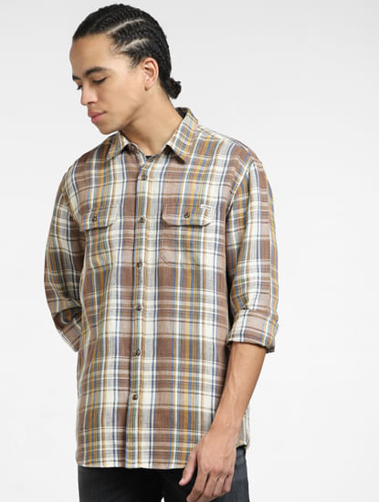 Brown Check Linen Full Sleeves Shirt