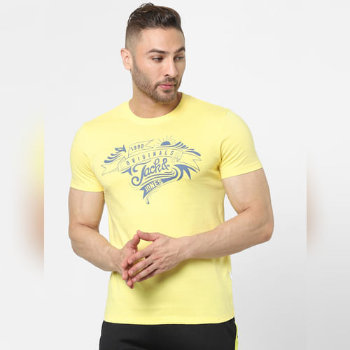 JACK&JONES Yellow Logo Print Crew Neck T-shirt