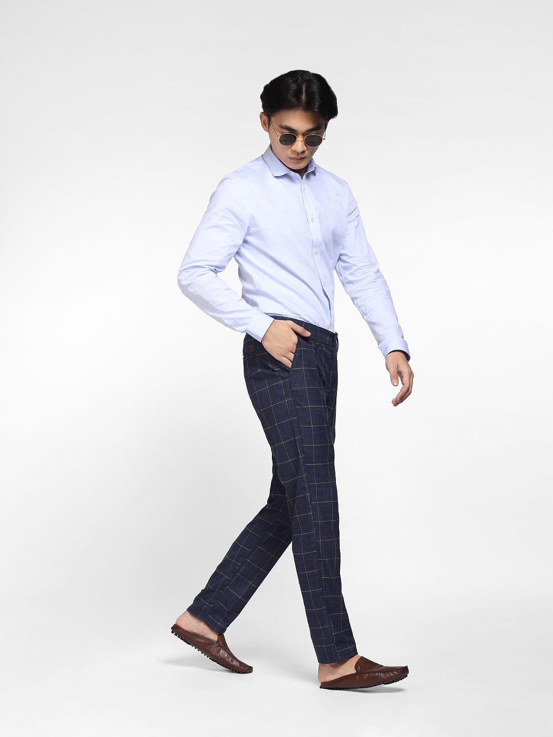 Cobalt Blue Checked Technical flat-front Trousers