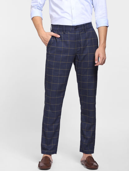 Navy Blue Mid Rise Check Trousers