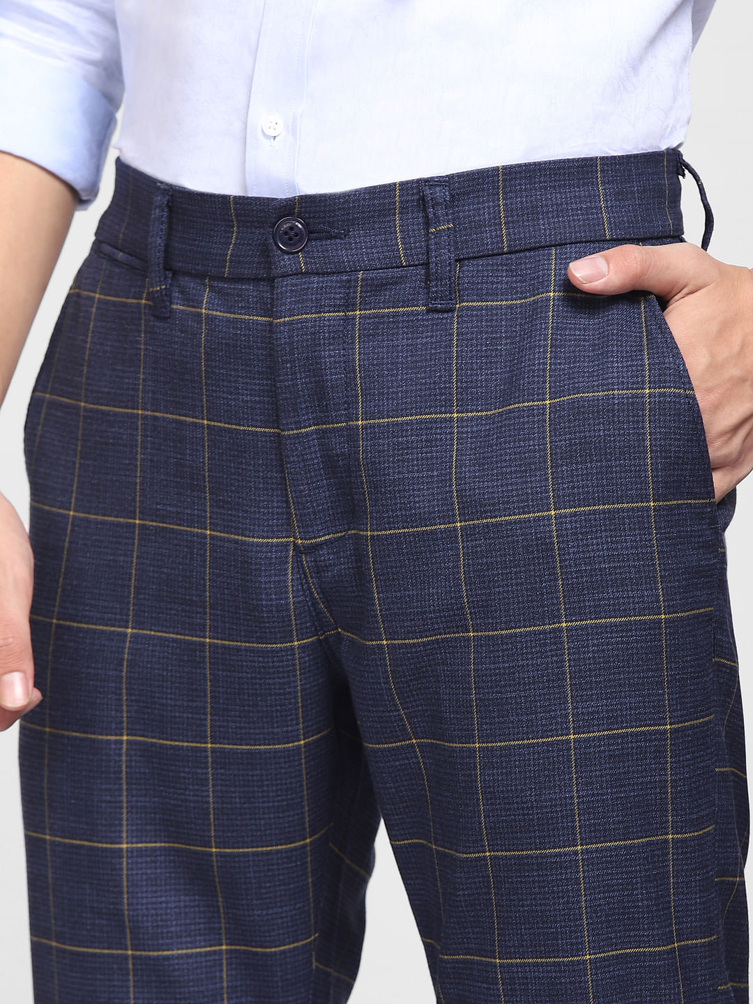 Buy VAN HEUSEN Light Blue Mens Ultra Slim Fit Checked Formal Trousers   Shoppers Stop