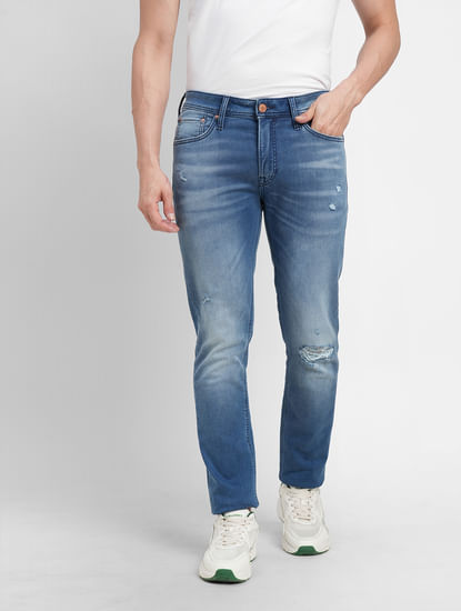Blue Low Rise Distressed Ben Skinny Fit Jeans