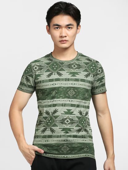 Green Aztec Print Crew Neck T-shirt