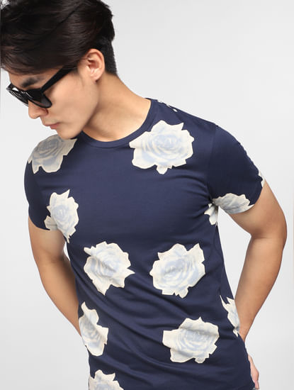 Blue Floral Print Crew Neck T-shirt