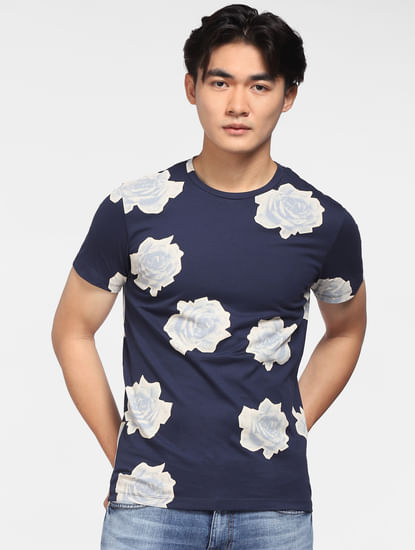Blue Floral Print Crew Neck T-shirt